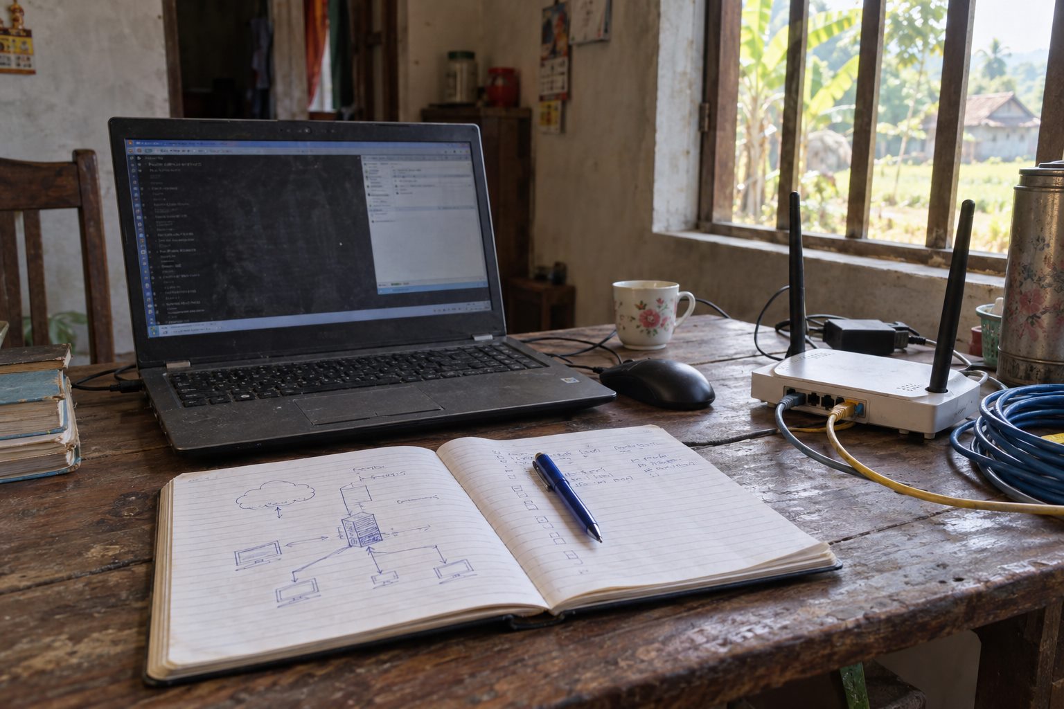 Bàn gỗ với laptop, router và sổ tay lập kế hoạch server