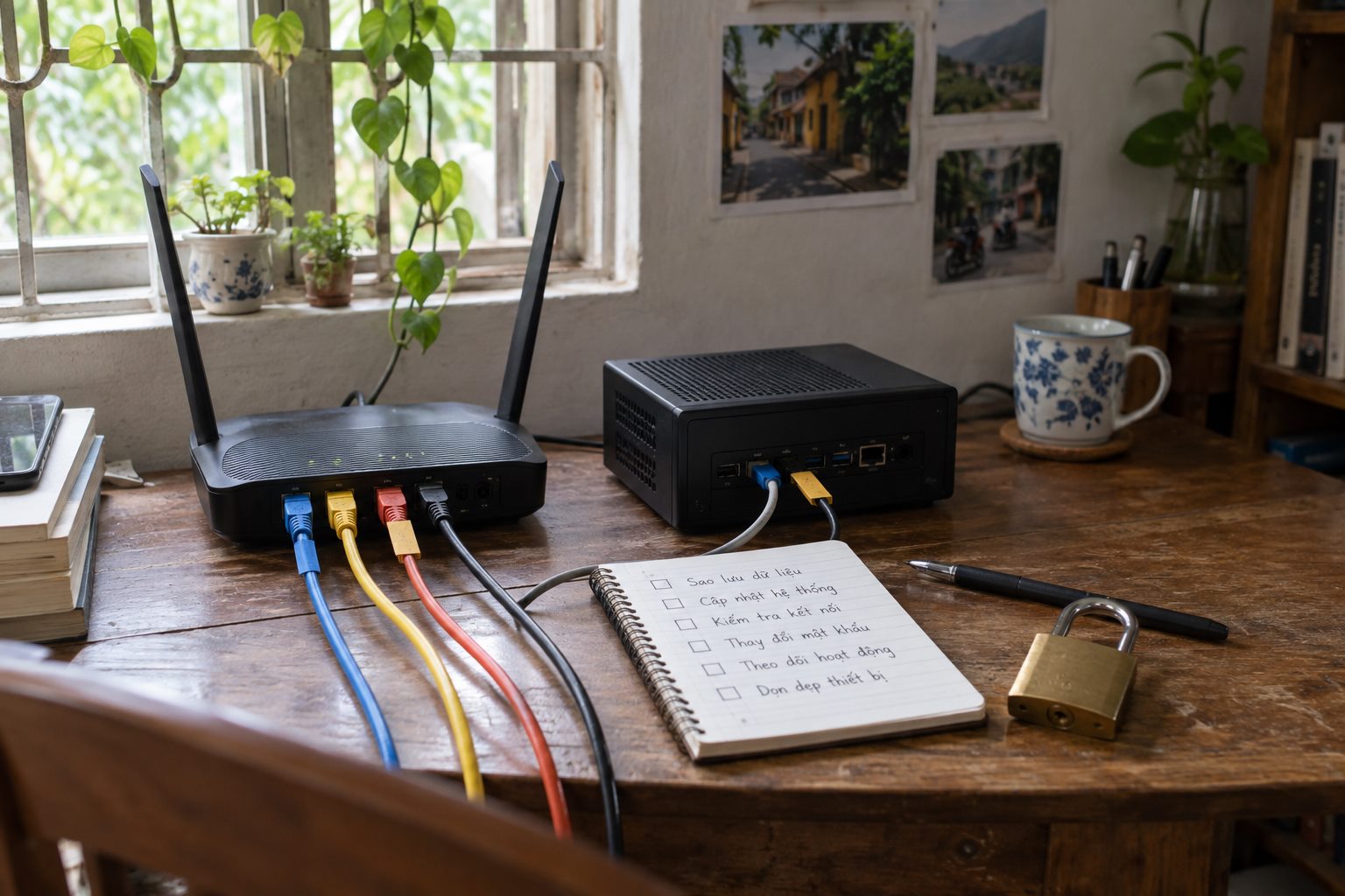 Router, máy tính nhỏ và sổ kiểm tra bảo mật trên bàn gỗ